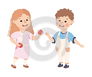 Kind and Fair Little Girl Sharing Apple with Her Agemate Vector Illustration photo