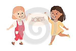 Kind and Fair Little Girls Holding Placard with Honesty Word on It Vector Illustration