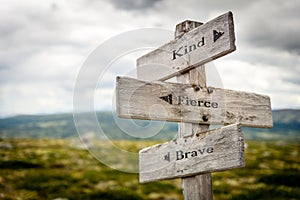 kind fierce brave text engraved on old wooden signpost outdoors in nature