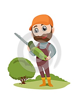 Kind gardener, nice retired man with motor-scissors cuts a bush in the garden. Vector flat character