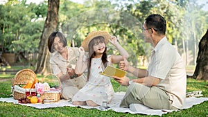 Kind and happy Asian grandparents are enjoying a picnic with their cute granddaughter in a park