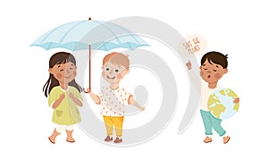 Kind Little Boy Sharing Umbrella with Girl and with Globe Saving Planet Vector Set