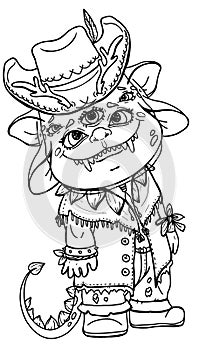 Kind little monster, cute smiling cowboy in a hat with a horns and small feather, funny eared troll with fangs and tail in a vest