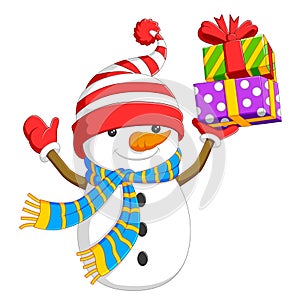 A kind snowman is holding up the box of colourful gift