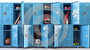 Kind of sports concept. School lockers with open doors and sports equipment, items and accessories for sports