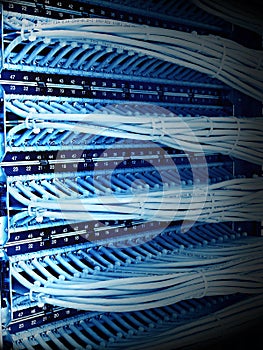 Control cabinet with patch panel of the 6th category, blue tone,