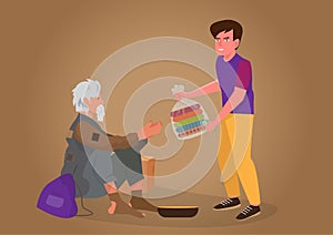 A kind young man donates money and clothes in plastic bags to the homeless and the poor. flat style cartoon illustration vector