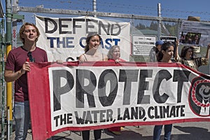 Kinder Morgan protesters block the Kinder Morgan tank farm gate in Burnaby, BC