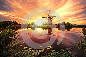 Kinderdijk - Geese flying over sunrise on the frozen windmills alignment