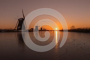 Kinderdijk - Geese flying over sunrise on the frozen windmills alignment