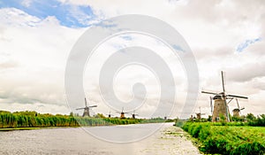 Kinderdijk windmills in polder landscape in Netherlands