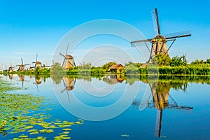 Kinderdijk windmills viewed during sunny summer day, Rotterdam, Netherlands