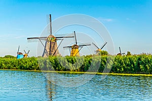 Kinderdijk windmills viewed during sunny summer day, Rotterdam, Netherlands