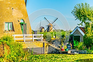 Kinderdijk windmills viewed during sunny summer day, Rotterdam, Netherlands