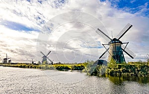 Kinderdijk windmills and water canal in Netherlands, Europe