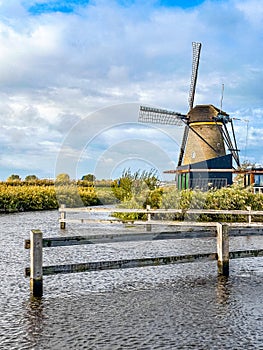 Kinderdijk windmills and water canal in Netherlands, Europe