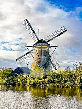 Kinderdijk windmills and water canal in Netherlands, Europe