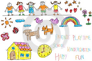 Kindergarten children doodle pencil and crayon color drawing of photo