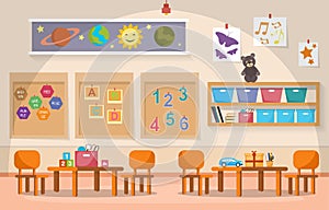 Kindergarten Classroom Interior Children Kids School Toys Furniture Vector Illustration