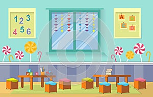 Kindergarten Classroom Interior Children Kids School Toys Furniture Vector Illustration