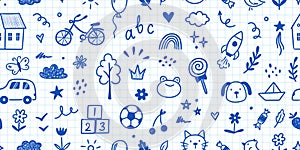 Kindergarten doodle vector background. Hand drawn doodle style children cute seamless pattern, preschool wallpaper. Kids