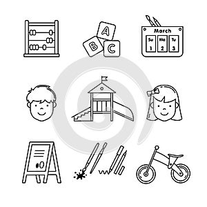 Kindergarten education icons thin line art set