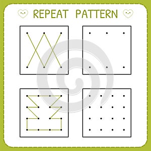 Kindergarten educational game for kids. Repeat pattern. Working pages for children. Preschool worksheet for practicing motor