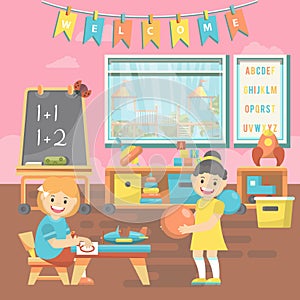 Kindergarten educational vector illustration with toys and preschool supplies in flat design