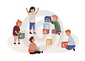 Kindergarten flat vector illustration. Children sitting on floor and playing cubes with letters isolated on white