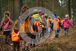Kindergarten in Forest, Children Walking with Tutors in Wild Park, Finnish Forest School, Forest Kindergarten photo