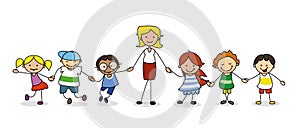 Kindergarten group of children with female teacher holding hands