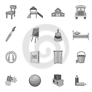Kindergarten icons set, gray monochrome style