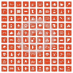 100 kindergarten icons set grunge orange