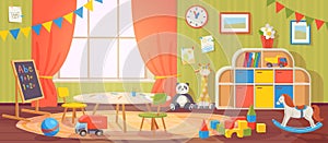 Kindergarten interior. Daycare nursery with furniture and kid toys. Preschool child room for playing, activity and