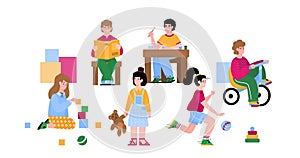 Kindergarten kids busy with game activity, cartoon vector illustration isolated.