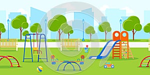 Kindergarten or kids playground in city park. Vector horizontal seamless background. Leisure and outdoor activities.