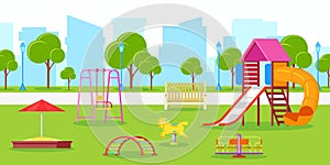 Kindergarten or kids playground in city park. Vector urban life, leisure and outdoor activities illustration.