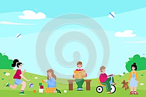 Kindergarten kids or preschoolers playing outside, flat vector illustration.