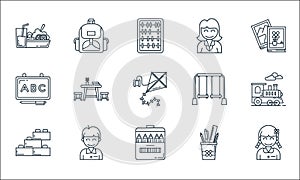 Kindergarten line icons. linear set. quality vector line set such as student, colo pencils, blocks, pencil case, student, board, photo