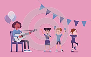 Kindergarten music party, black female teacher playing guitar