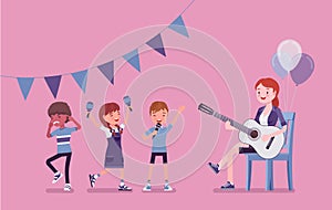 Kindergarten music party, female teacher playing guitar
