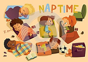 Kindergarten Nap Time Kid Vector Illustration. Preschool Multiracial Children Sleep on Bed, Girl Friend Gossip. Little