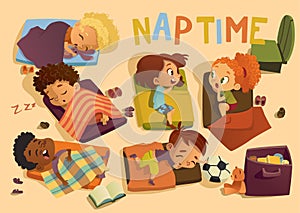Kindergarten Nap Time Kid Vector Illustration. Preschool Multiracial Children Sleep on Bed, Girl Friend Gossip. Little photo