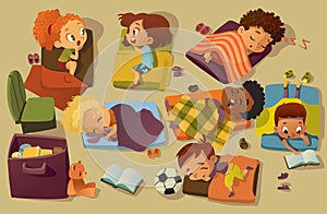 Kindergarten Nap Time Kid Vector Illustration. Preschool Multiracial Children Sleep on Bed, Girl Friend Gossip. Little