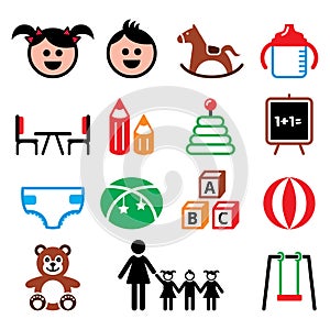 Kindergarten, nursery, preschool children color icons set