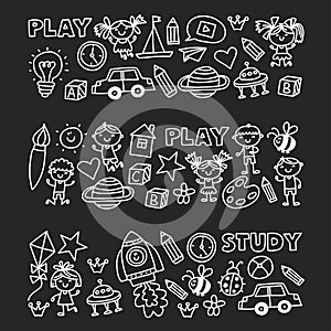 Kindergarten Nursery Preschool School education with children Doodle pattern Play and study Boys and girls kids drawing