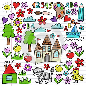 Kindergarten pattern, drawn kids garden elements pattern, doodle drawing, vector illustration, colorful, line.