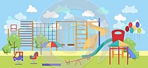Kindergarten playgrounds background for children outdoor activity. Park playground. Play and sports.