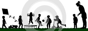 Kindergarten with playing children. Socialization of children. Playground with kids silhouette vector. Mom pushes her son to play photo