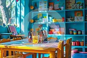 Kindergarten playroom with bright tables and chairs